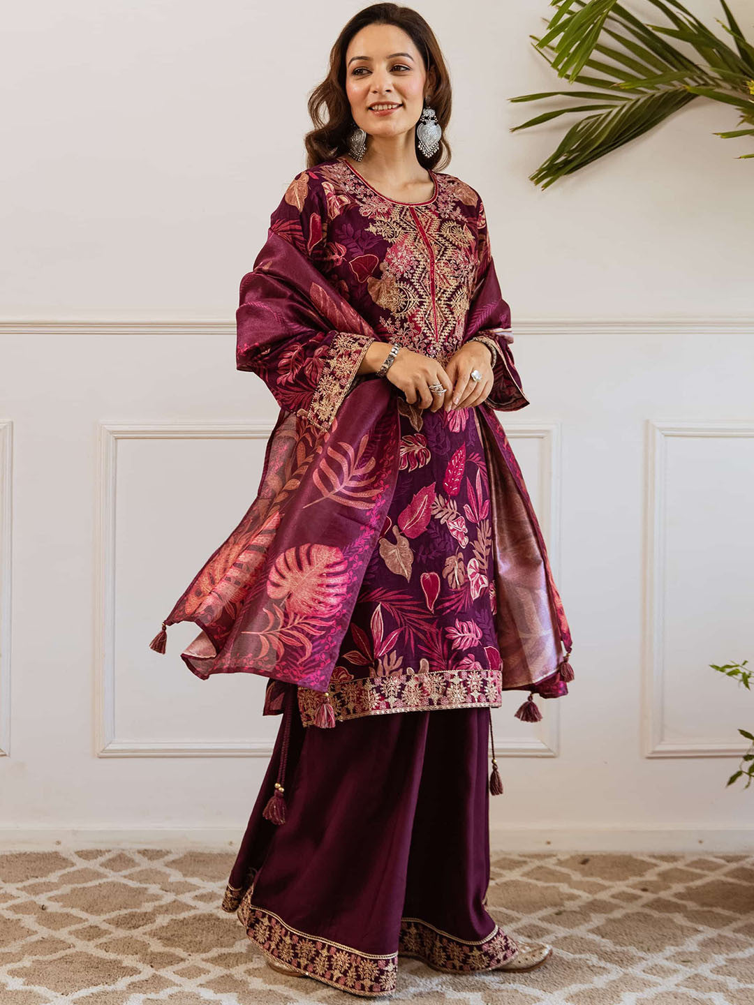 Floral Printed Straight Thread Work Kurta With Palazzos & Dupatta