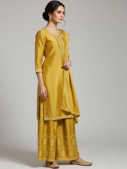 Dhiyona VA Women Ethnic Motifs Embroidered Regular Thread Work Silk Crepe Kurta with Palazzos & With Dupatta
