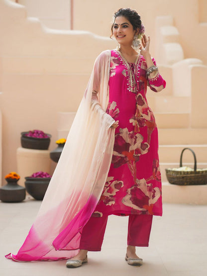 Dhiyona RR Women's Floral Printed Cotton Silk Mirror Work Kurta With Trousers & Dupatta
