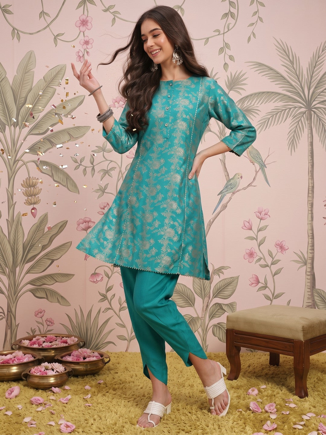 Dhiyona SN Foil Floral Printed Regular Kurta with Dhoti Pants