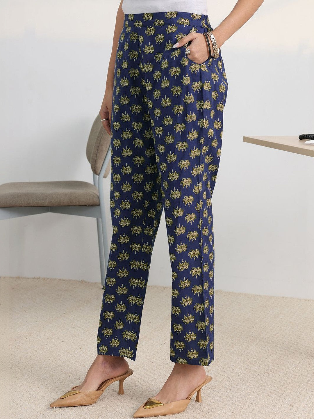 Libas Blue Floral Printed Cotton Blend A-Line Kurta Set