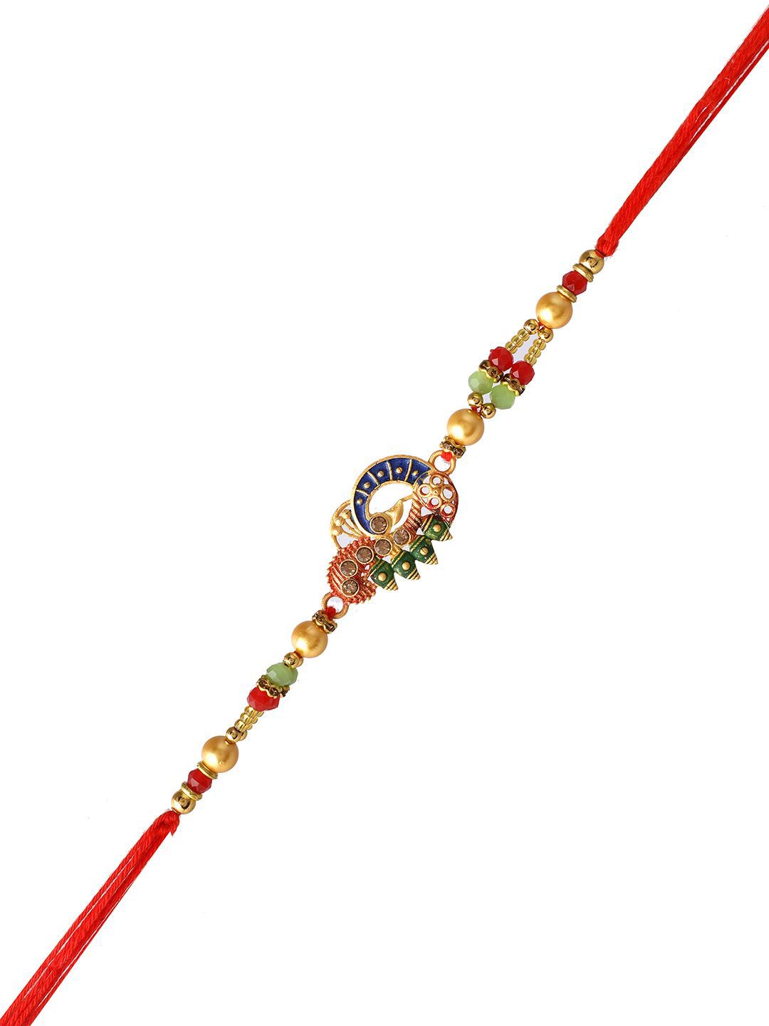 Dhiyona Red Stone Studded & Beaded Thread Rakhi With Roli Chawal & Greeting Card