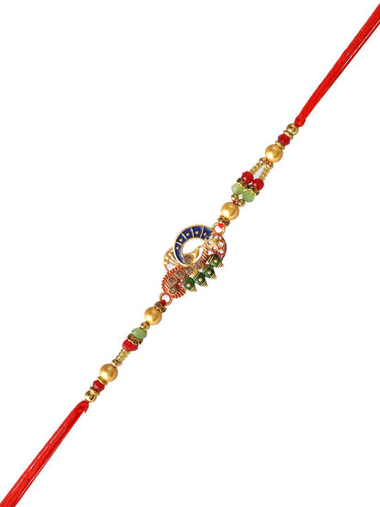 Dhiyona Red Stone Studded & Beaded Thread Rakhi With Roli Chawal & Greeting Card