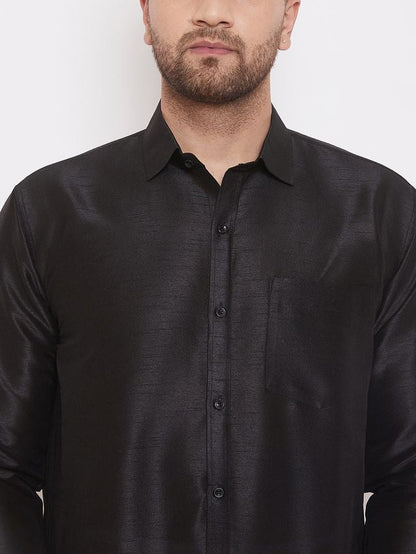 Men's Black Silk Blend Straight Ethnic Shirt