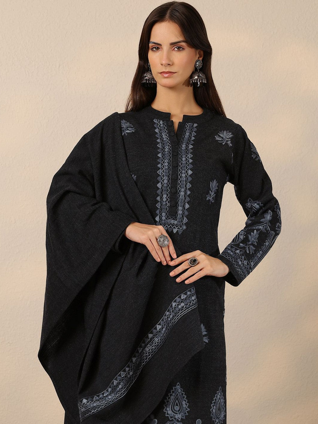 Ethnic Motifs Embroidered Mandarin Collar Thread Work Kurta With Trousers & Dupatta