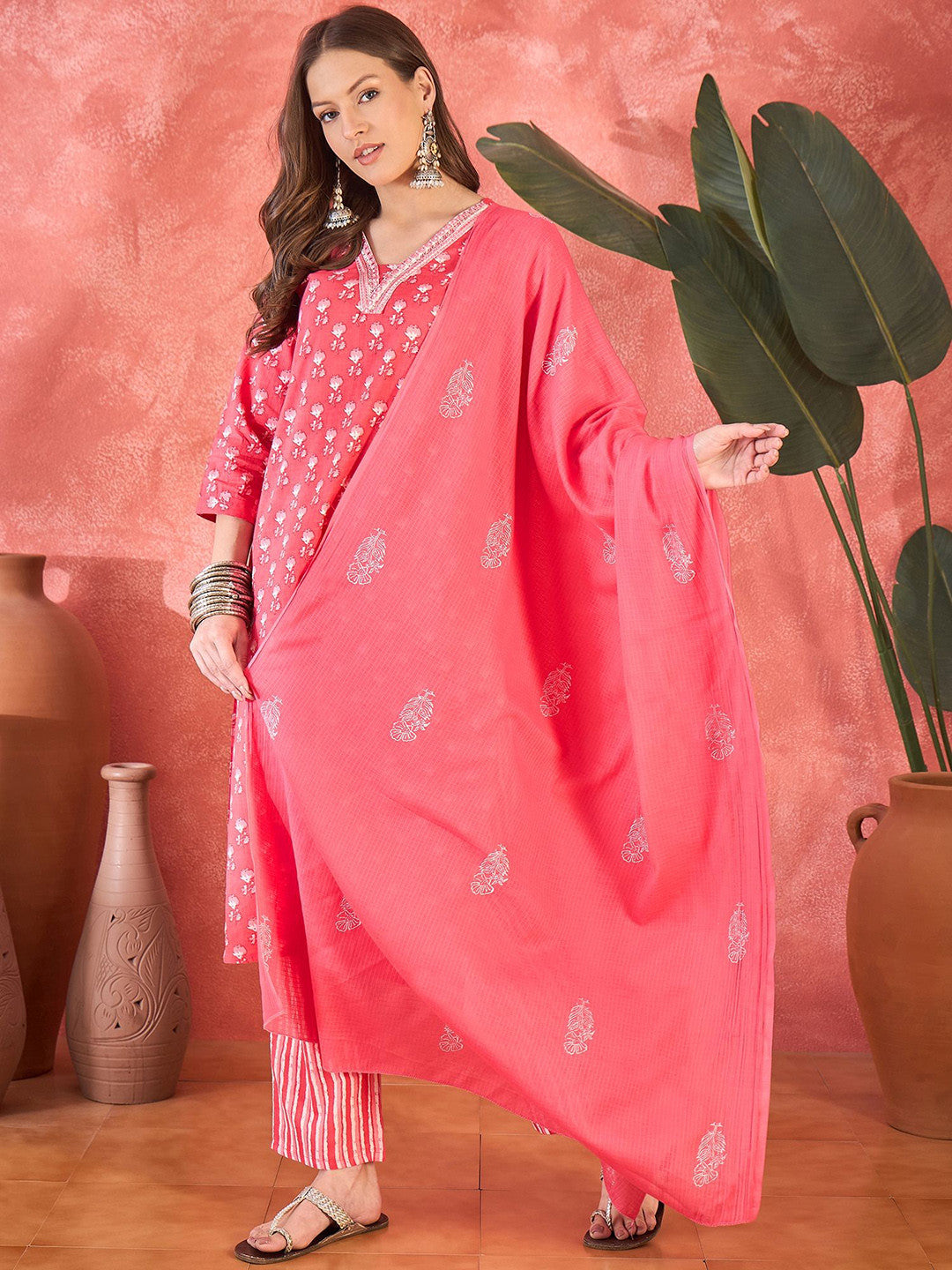 Embroidered Pure Cotton Straight Kurta With Trousers & Dupatta