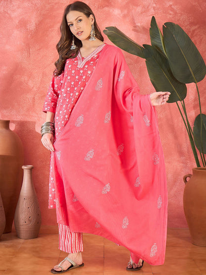 Embroidered Pure Cotton Straight Kurta With Trousers & Dupatta