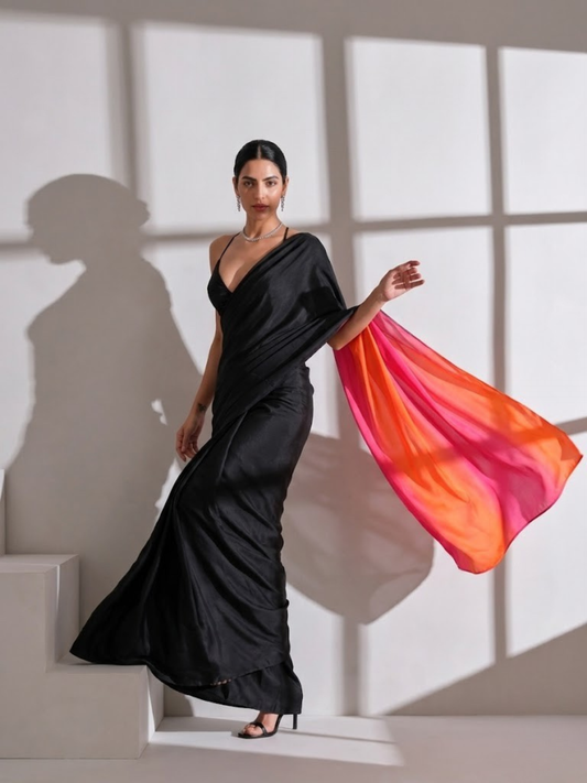 Dhiyona ST Black Surprise Saree with Pink Orange Satin and Black Blouse Fabric