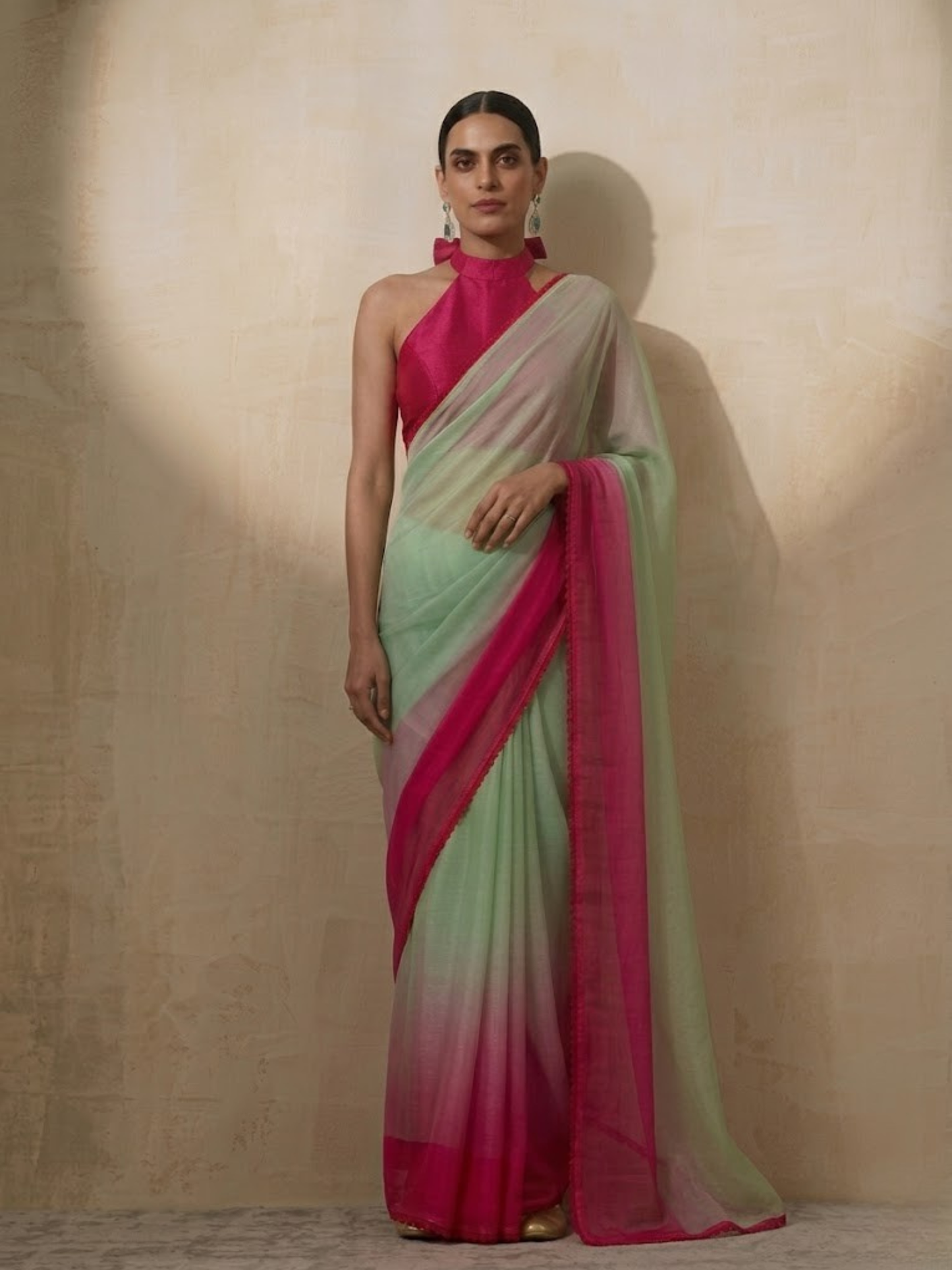 Dhiyona ST Green Coral Ombre Chiffon Saree with Self Fabric Blouse