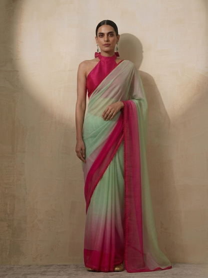 Dhiyona ST Green Coral Ombre Chiffon Saree with Self Fabric Blouse