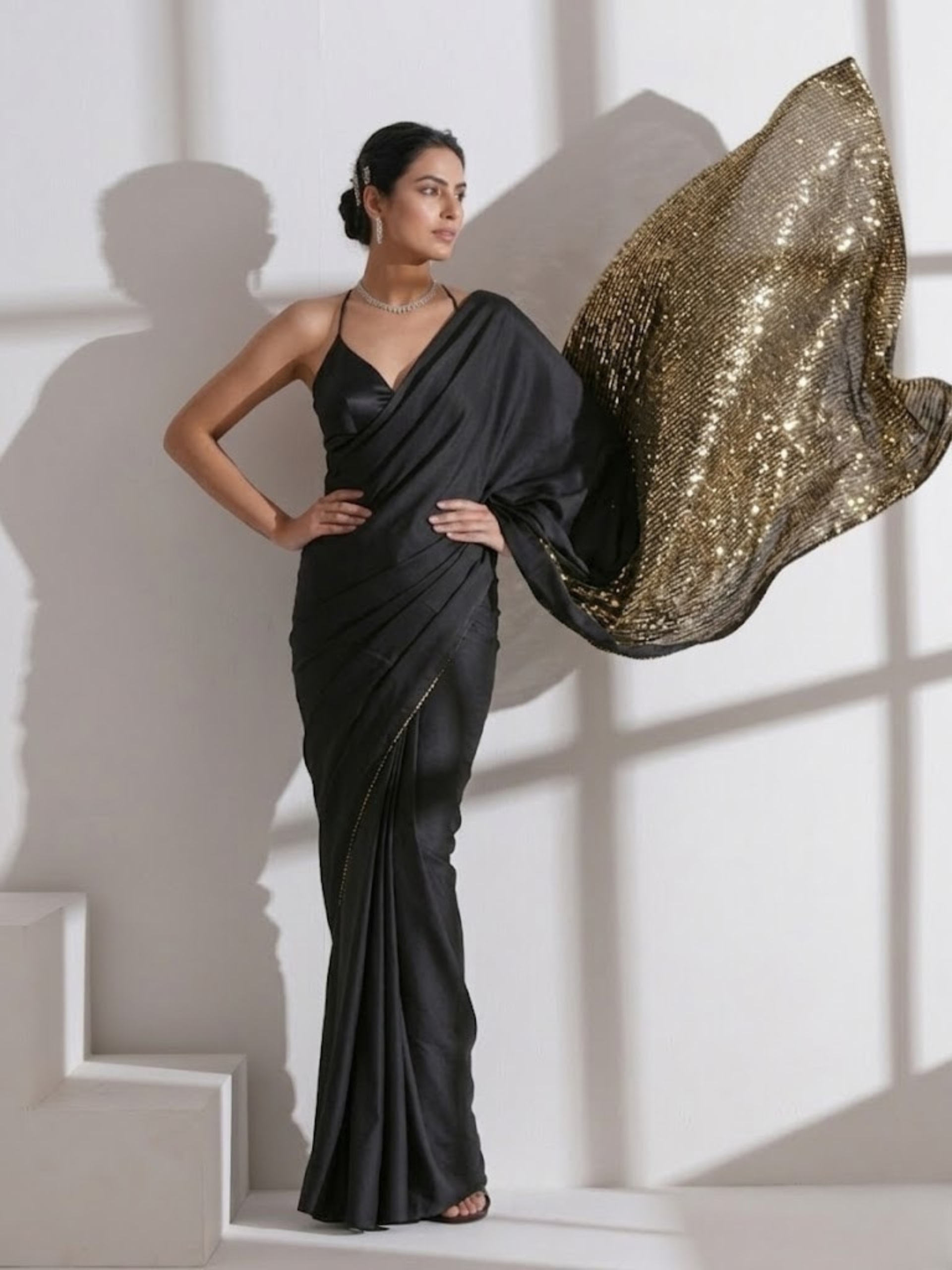 Dhiyona ST Black Surprise Saree with Gold Sequin and Black Blouse Fabric