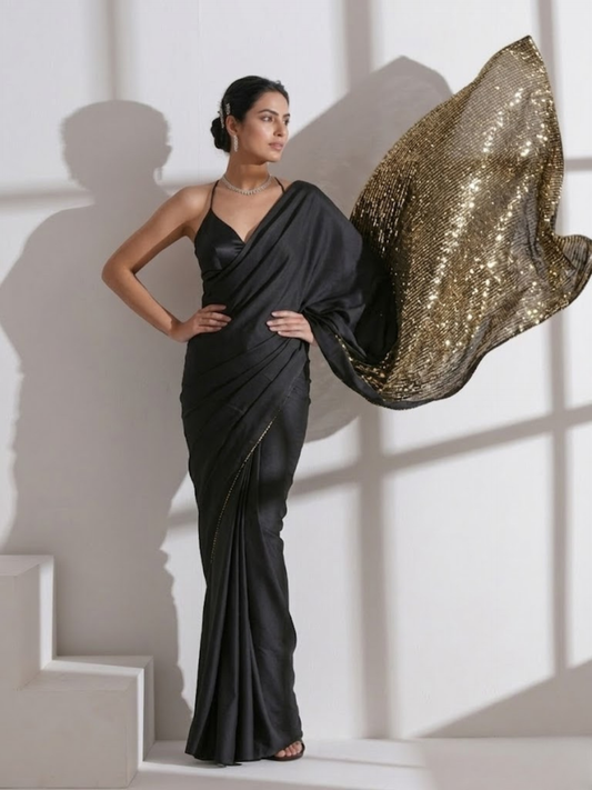 Dhiyona ST Black Surprise Saree with Gold Sequin and Black Blouse Fabric