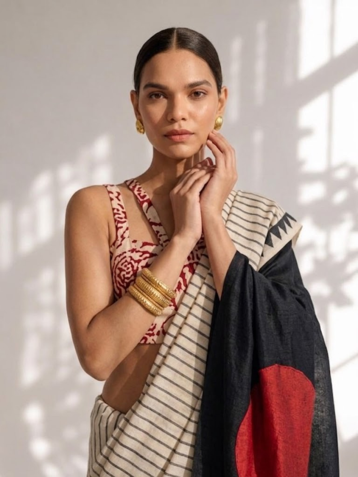 Dhiyona ST Modal Silk black white Stripe Hand Block Printed Saree with Red dot pallu and Blouse Fabric