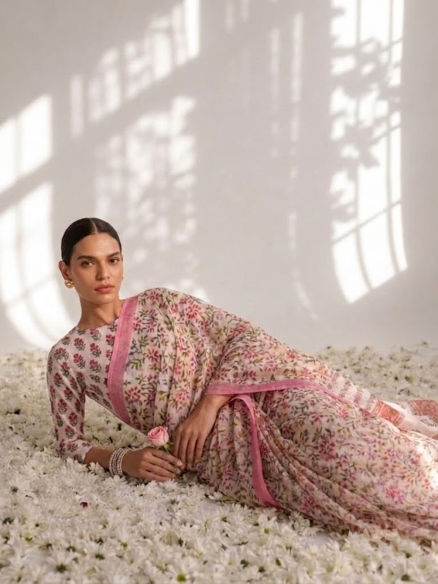 Dhiyona ST Pink Pure Silk Chiffon Printed Saree with Blouse Fabric