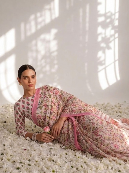 Dhiyona ST Pink Pure Silk Chiffon Printed Saree with Blouse Fabric