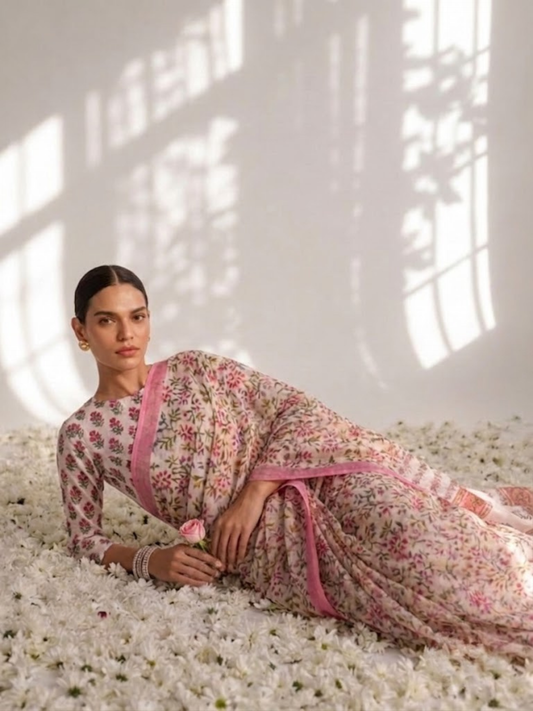 Dhiyona ST Pink Pure Silk Chiffon Printed Saree with Blouse Fabric
