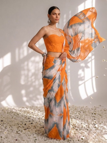 Dhiyona ST Orange and Grey Tie Dye Cotton Saree with Blouse fabric