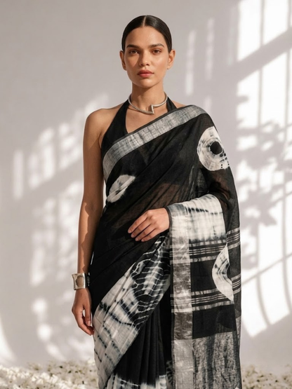 Dhiyona ST Black and White Hand Tie Dye Soft Cotton Saree