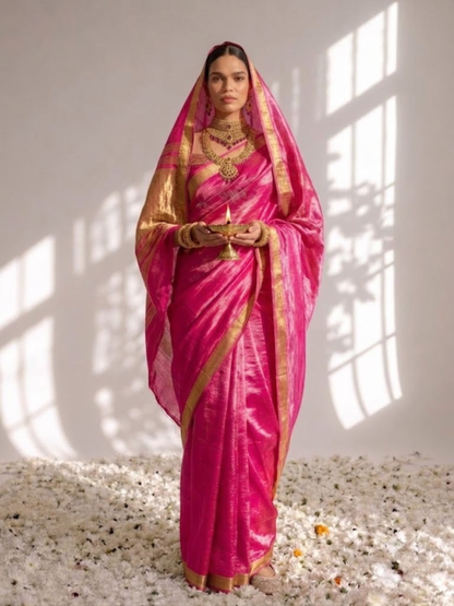 Dhiyona ST Gajji Pink Silk Saree with Zari Pallu with Blouse Fabric