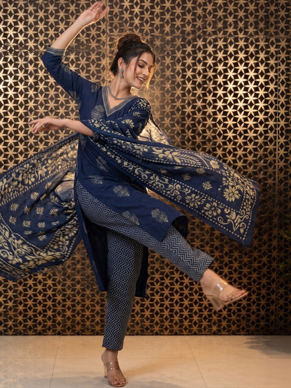Printed Pure Cotton V-Neck Kurta & Trousers With Dupatta