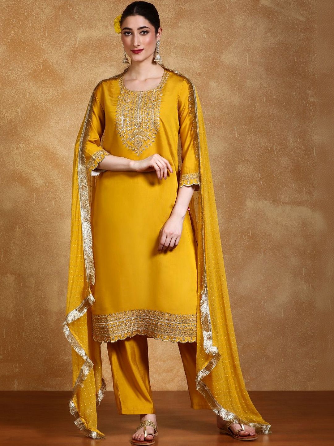 Dhiyona VA Women Ethnic Motifs Embroidered Regular Thread Work Kurta with Palazzos & With Dupatta