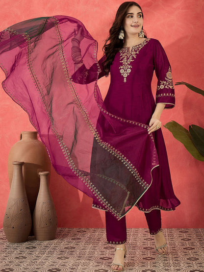 Women Floral Embroidered A-line Kurta with Trousers & Dupatta