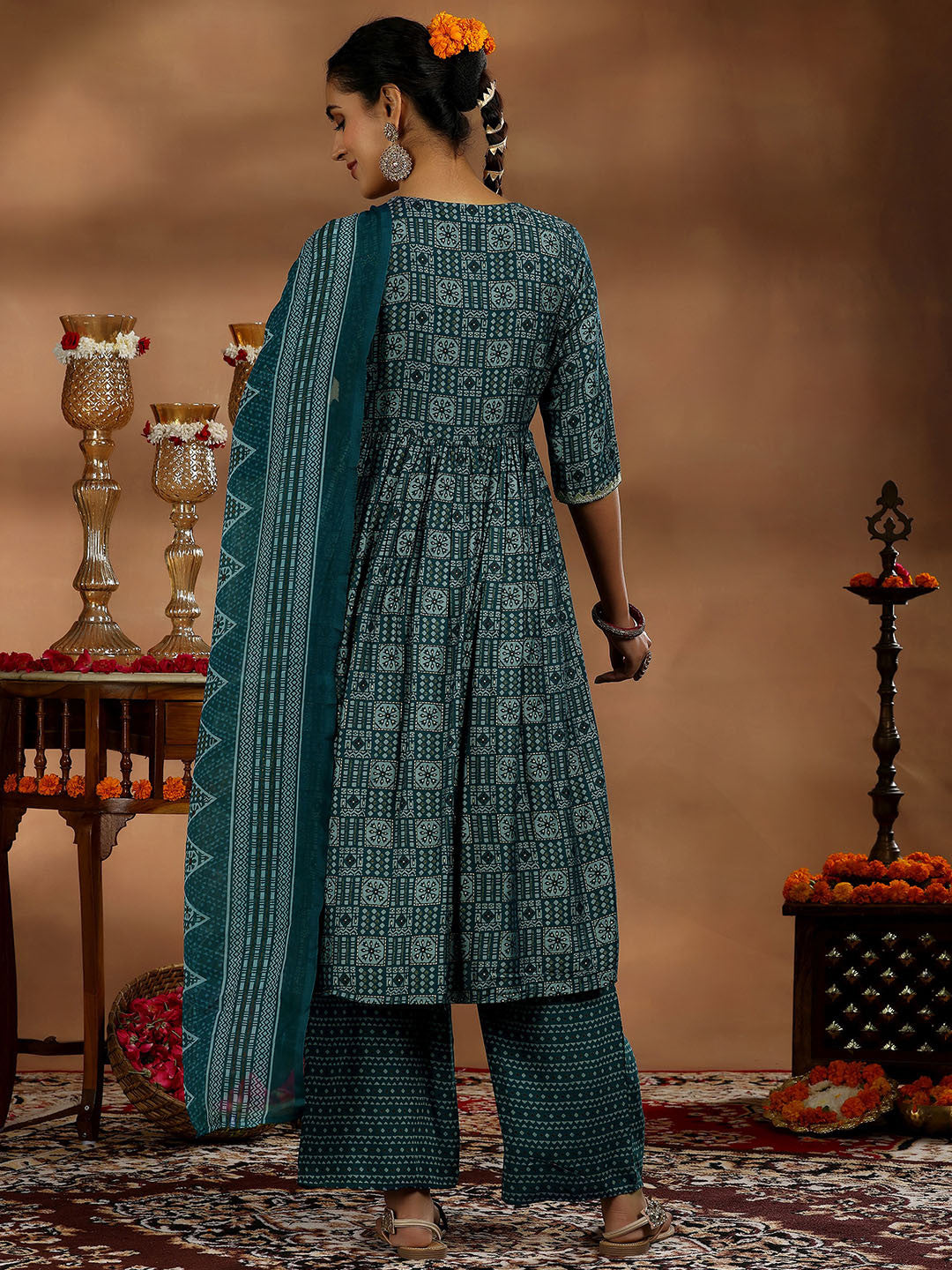 Women Ethnic Motifs Printed Angrakha Thread Work Kurta with Trousers & With Dupatta