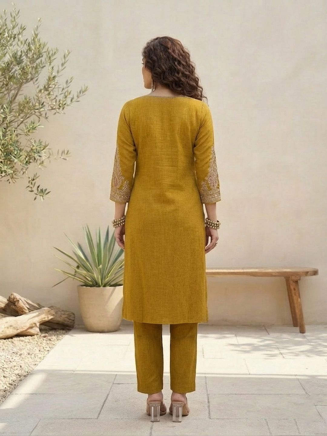 Mustard Women Ethnic Motifs Embroidered Regular Thread Work Kurta with Trousers
