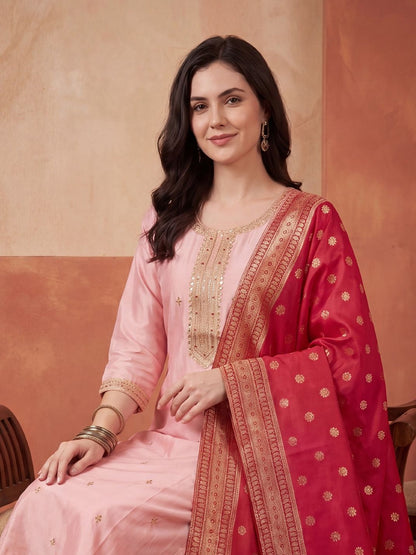 Women Ethnic Motifs Embroidered Regular Sequinned Kurta with Trousers & With Dupatta