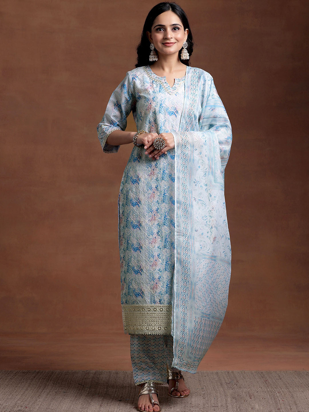 Women Printed Regular Thread Work Kurta with Trousers & With Dupatta