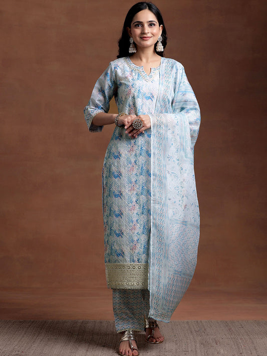 Women Printed Regular Thread Work Kurta with Trousers & With Dupatta