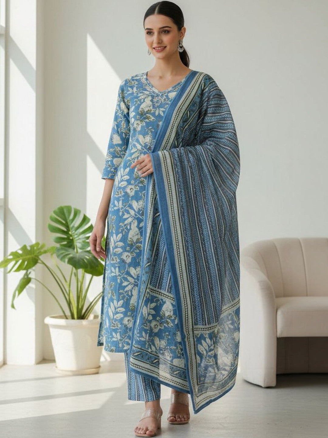 Printed Pure Cotton Round Neck Kurta & Trousers With Dupatta