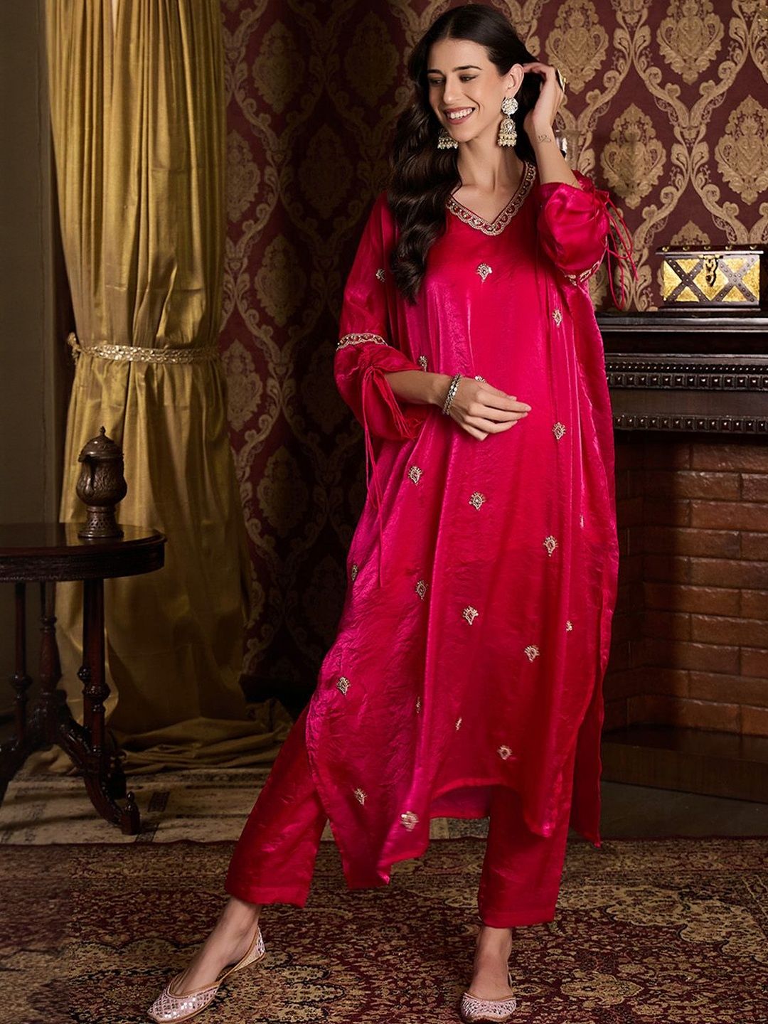 Dhiyona CH Women Floral Embroidered V-Neck Sequinned Satin Kurta with Trousers