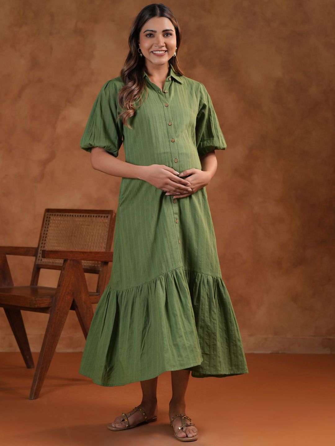 Dhiyona AY Women's Shirt Collar Neck Fit & Flared Maternity Ethnic Dresses