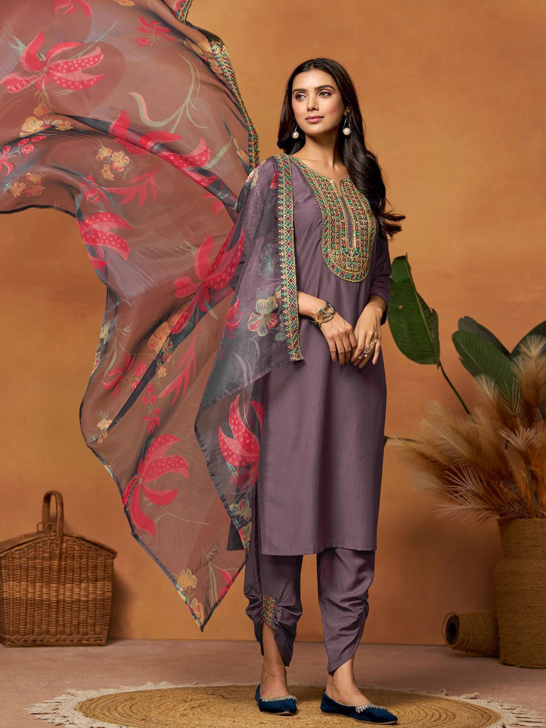Embroidered Straight Kurta & Sharara With Dupatta