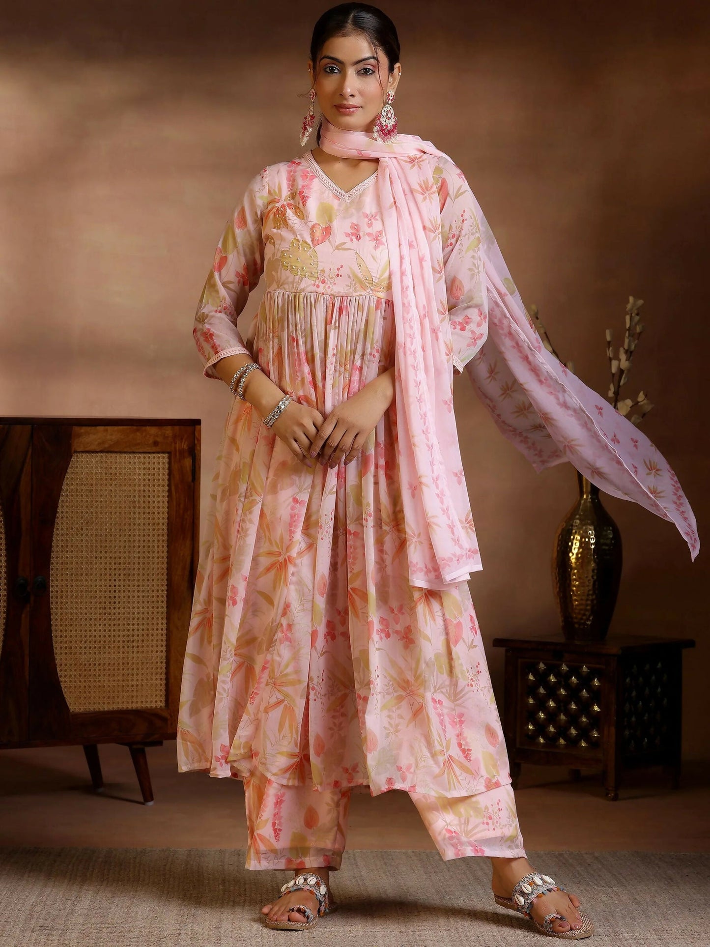 Women's LB Pink Printed Poly Chiffon A-Line Kurta With Palazzos & Dupatta