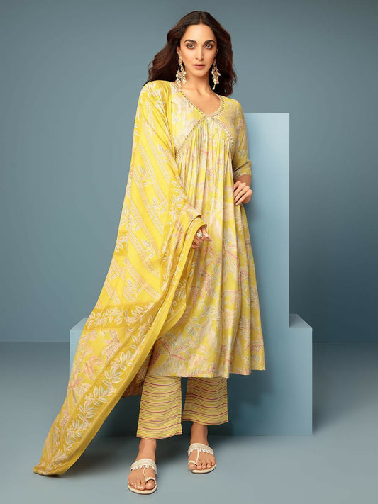 Women's LB Aashna Mustard Printed Silk Blend A-Line Kurta With Palazzos & Dupatta