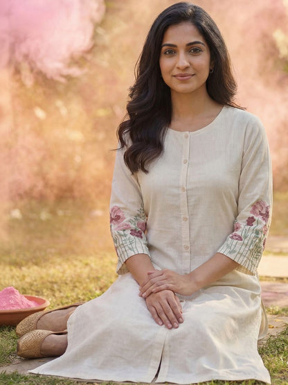 Women Striped Regular Thread Work Kurta with Trousers