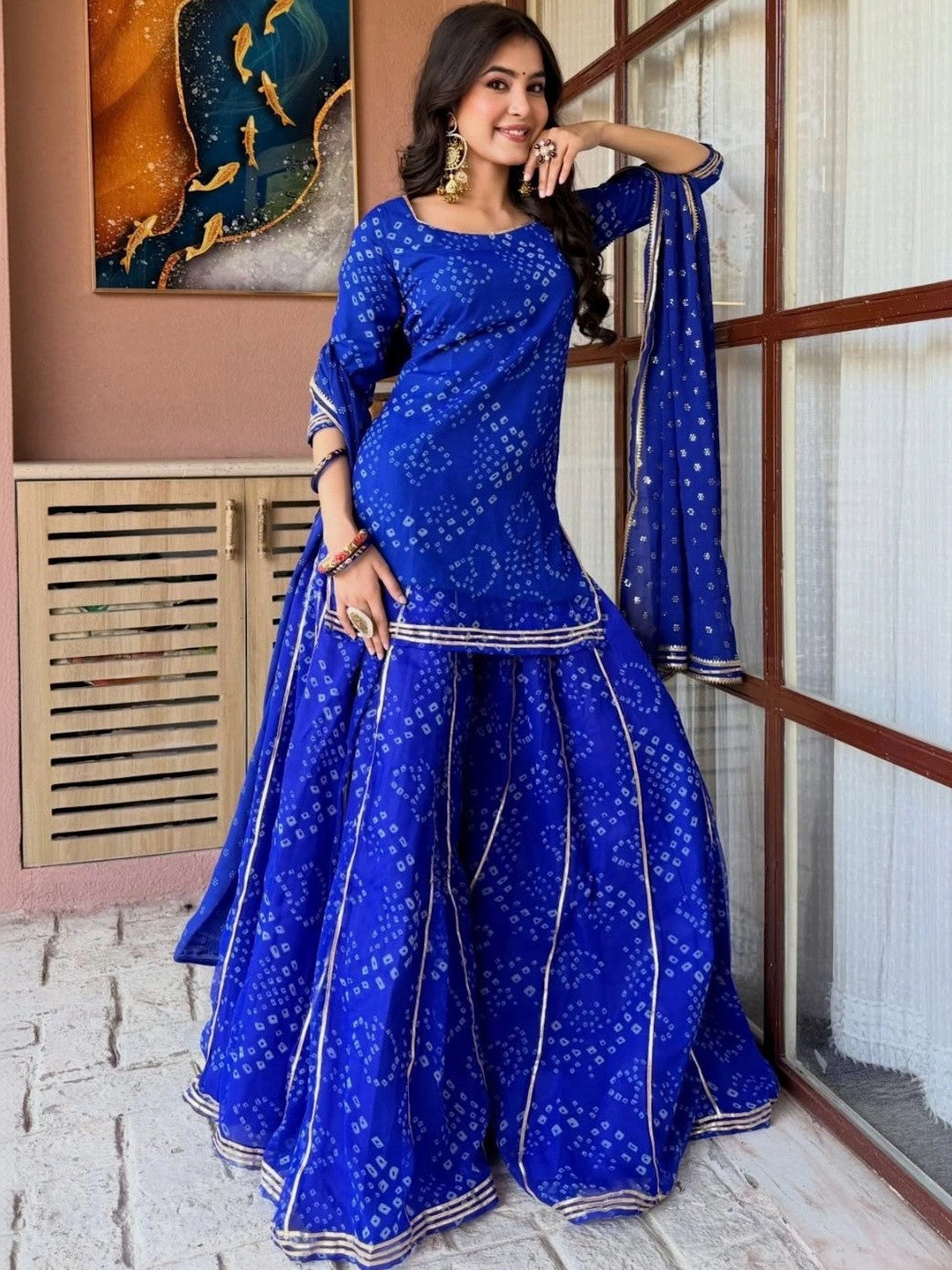 Dhiyona SN Ethnic Motifs Printed Georgette Kurta with Sharara & With Dupatta