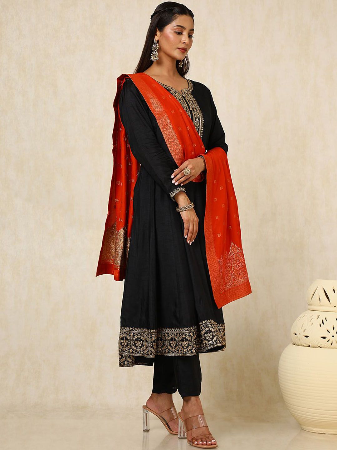 Dhiyona SO Women's Women Ethnic Motifs Embroidered Panelled Sequinned Dupion Silk Kurta with Trousers & With Dupatta