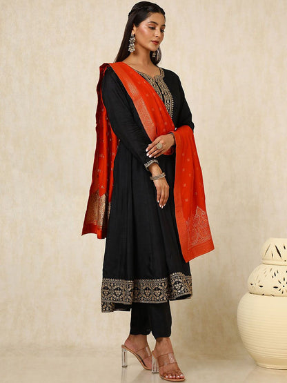 Dhiyona SO Women's Women Ethnic Motifs Embroidered Panelled Sequinned Dupion Silk Kurta with Trousers & With Dupatta
