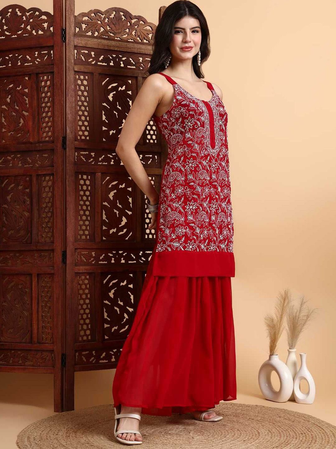 Dhiyona HOP Embroidered Chikankari Georgette Straight Kurti & Sharara With Dupatta