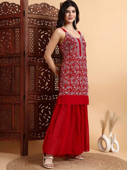Dhiyona HOP Embroidered Chikankari Georgette Straight Kurti & Sharara With Dupatta