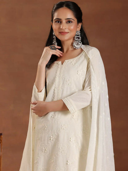 Women's LB Off White Embroidered Cotton Straight Suit With Dupatta