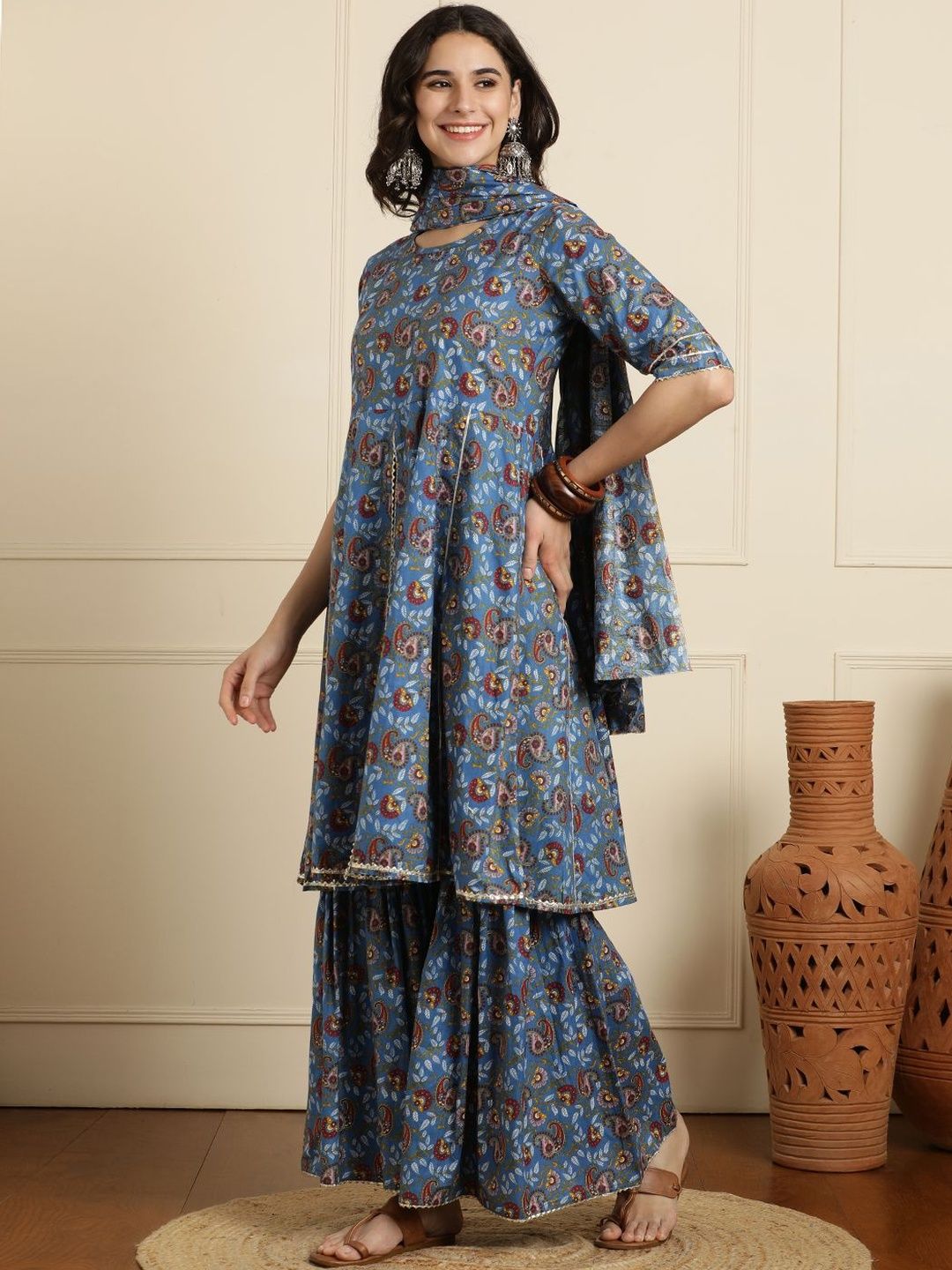 Dhiyona AN Women Ethnic Motifs Printed Panelled Pure Cotton Kurta with Sharara & With Dupatta