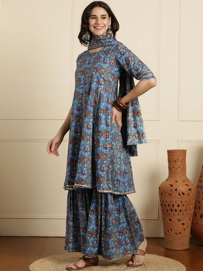 Dhiyona AN Women Ethnic Motifs Printed Panelled Pure Cotton Kurta with Sharara & With Dupatta