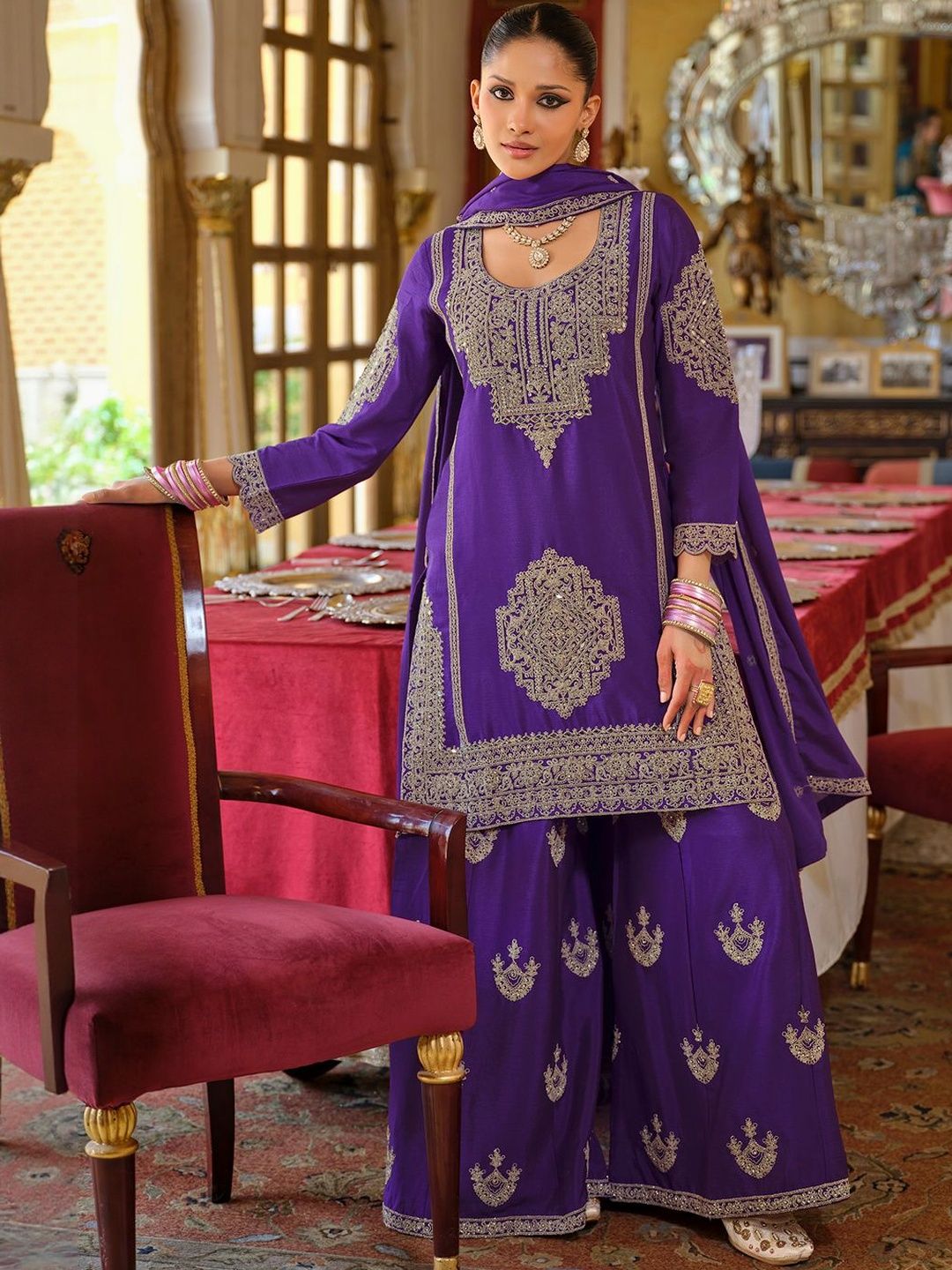 Dhiyona IE Ethnic Motifs Embroidered Chinon Beads And Stones Kurta With Palazzos & Dupatta