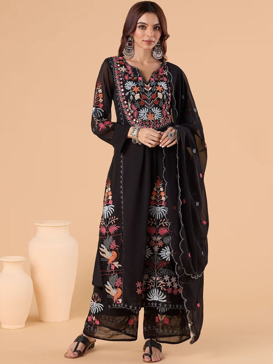 Dhiyona KL Ethnic Motifs Embroidered Thread Work Kurta With Palazzo & Dupatta