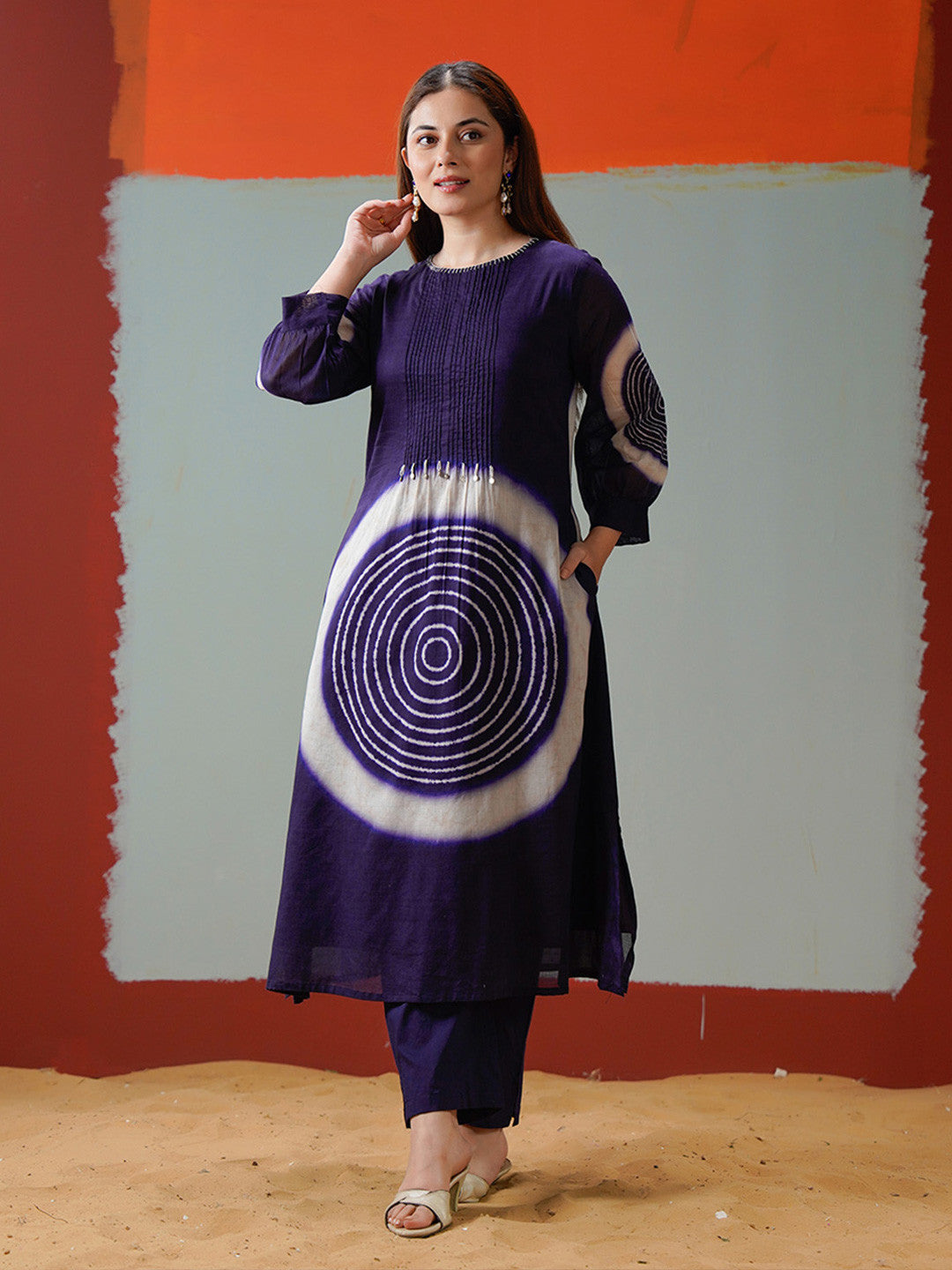 Bandhani Printed Round Neck A-Line Kurta & Trousers