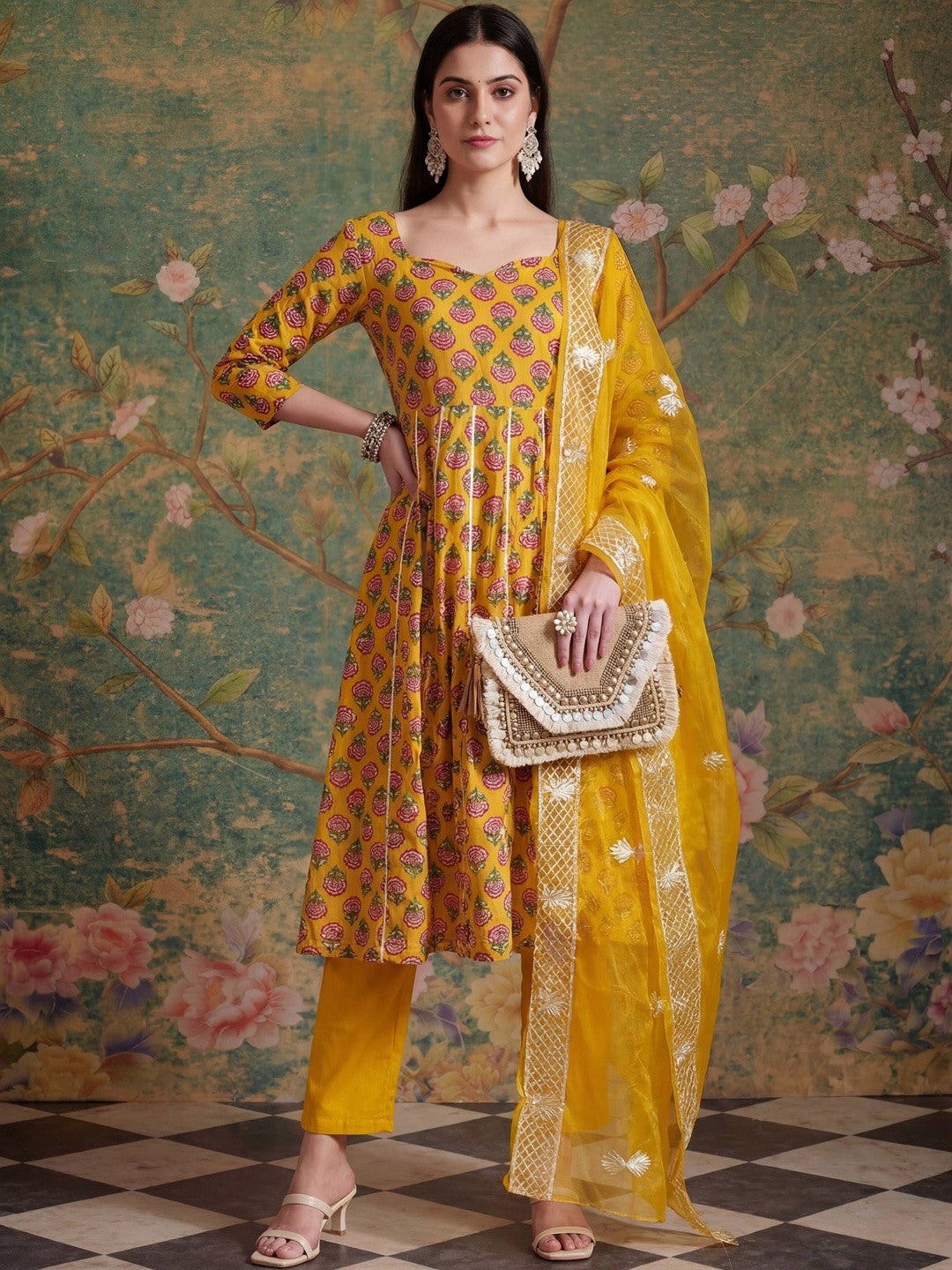 Embroidered Pure Cotton Sweetheart Neck Kurta & Trousers With Dupatta